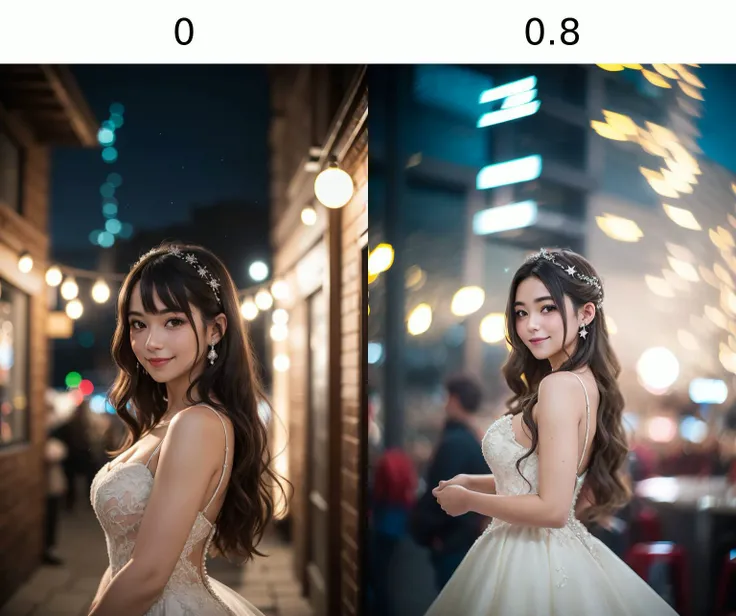 (8k, RAW photo, best quality, masterpiece), (realistic, photo-realistic), ultra-detailed, a girl standing in tavern, long hair, night, tavern, indoor, city lights, flare spot, looking at viewer, cowboy shot, black wedding dress, upper body, posing, closed-up, smile, starry background, starry_bokeh:1.5, petzval85bokeh <lyco:hinaBokehLoHa:0>