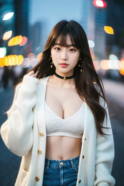 (masterpiece:1.35),(best-quality:1.4), 8k, ultra-detailed, photography, (ultra-realistic:1.4), film grain, portrait photo of 22 years old J-pop girl in white cardigan, (flowing long hair, run her hand through her hair), earrings, choker, cleavage, pale skin, (pout, thin lip), hard shadows, night street background, (instagram photo), starry_bokeh:1.2, <lora:petvzal85BokehLoHa_v1:0.36>