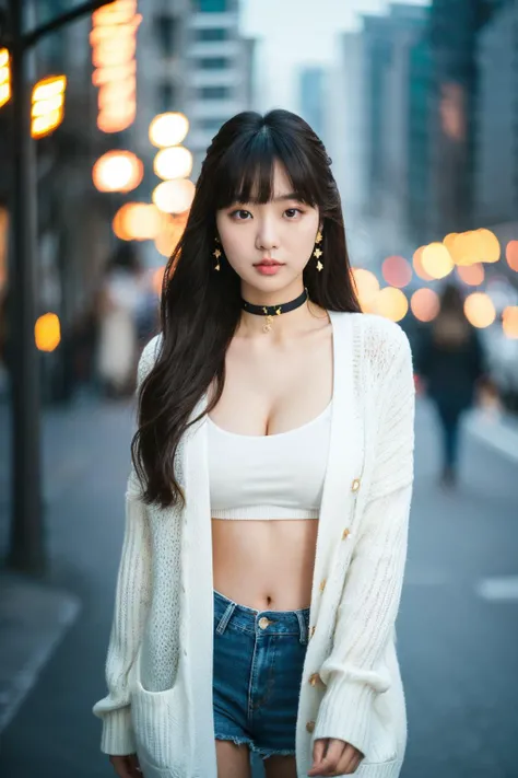 (masterpiece:1.35),(best-quality:1.4), 8k, ultra-detailed, photography, (ultra-realistic:1.4), film grain, portrait photo of 22 years old J-pop girl in white cardigan, (flowing long hair, run her hand through her hair), earrings, choker, cleavage, pale skin, (pout, thin lip), hard shadows, night street background, (instagram photo), starry_bokeh:1.2, <lora:petvzal85BokehLoHa_v1:0.36>