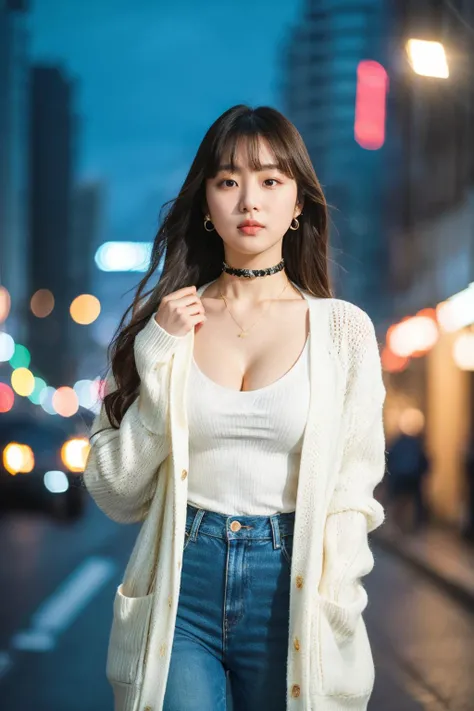 (masterpiece:1.35),(best-quality:1.4), 8k, ultra-detailed, photography, (ultra-realistic:1.4), film grain, portrait photo of 22 years old J-pop girl in white cardigan, (flowing long hair, run her hand through her hair), earrings, choker, cleavage, pale skin, (pout, thin lip), hard shadows, night street background, (instagram photo), starry_bokeh:1.2, <lora:petvzal85BokehLoHa_v1:0.36>