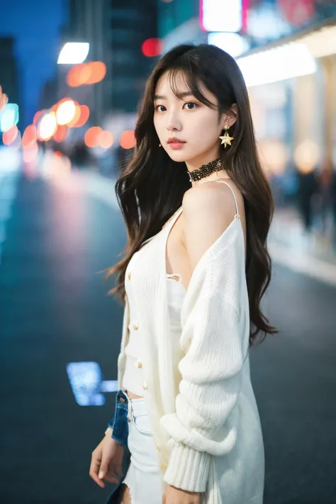 (masterpiece:1.35),(best-quality:1.4), 8k, ultra-detailed, photography, (ultra-realistic:1.4), film grain, portrait photo of 22 years old J-pop girl in white cardigan, (flowing long hair, run her hand through her hair), earrings, choker, cleavage, pale skin, (pout, thin lip), hard shadows, night street background, (instagram photo), starry_bokeh:1.2, <lora:petvzal85BokehLoHa_v1:0.36>