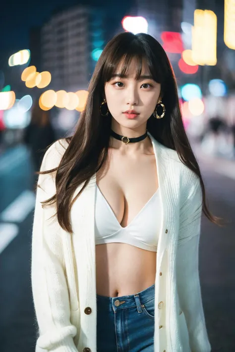 (masterpiece:1.35),(best-quality:1.4), 8k, ultra-detailed, photography, (ultra-realistic:1.4), film grain, portrait photo of 22 years old J-pop girl in white cardigan, (flowing long hair, run her hand through her hair), earrings, choker, cleavage, pale skin, (pout, thin lip), hard shadows, night street background, (instagram photo), starry_bokeh:1.2, <lora:petvzal85BokehLoHa_v1:0.36>