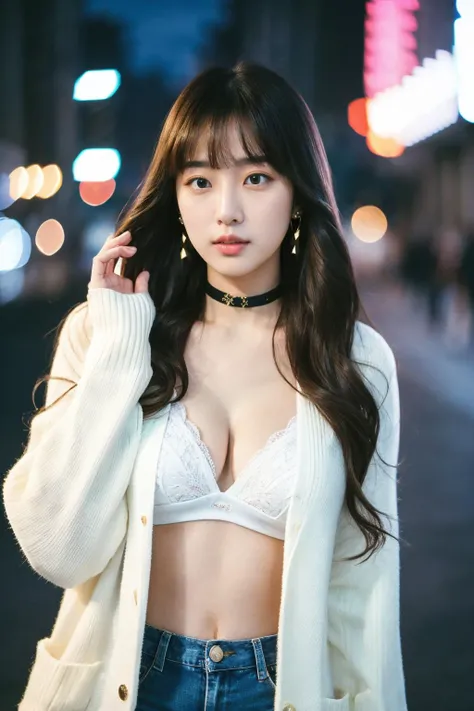 (masterpiece:1.35),(best-quality:1.4), 8k, ultra-detailed, photography, (ultra-realistic:1.4), film grain, portrait photo of 22 years old J-pop girl in white cardigan, (flowing long hair, run her hand through her hair), earrings, choker, cleavage, pale skin, (pout, thin lip), hard shadows, night street background, (instagram photo), starry_bokeh:1.2, <lora:petvzal85BokehLoHa_v1:0.36>