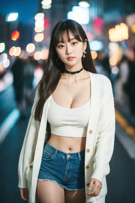 (masterpiece:1.35),(best-quality:1.4), 8k, ultra-detailed, photography, (ultra-realistic:1.4), film grain, portrait photo of 22 years old J-pop girl in white cardigan, (flowing long hair, run her hand through her hair), earrings, choker, cleavage, pale skin, (pout, thin lip), hard shadows, night street background, (instagram photo), starry_bokeh:1.2, <lora:petvzal85BokehLoHa_v1:0.36>