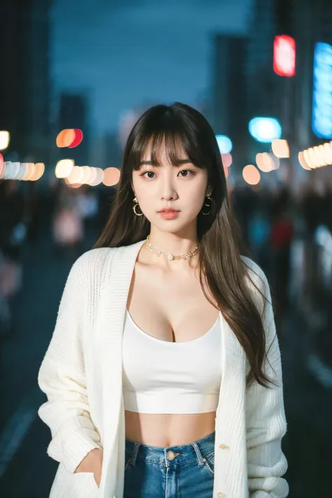 (masterpiece:1.35),(best-quality:1.4), 8k, ultra-detailed, photography, (ultra-realistic:1.4), film grain, portrait photo of 22 years old J-pop girl in white cardigan, (flowing long hair, run her hand through her hair), earrings, choker, cleavage, pale skin, (pout, thin lip), hard shadows, night street background, (instagram photo), starry_bokeh:1.2, <lora:petvzal85BokehLoHa_v1:0.36>