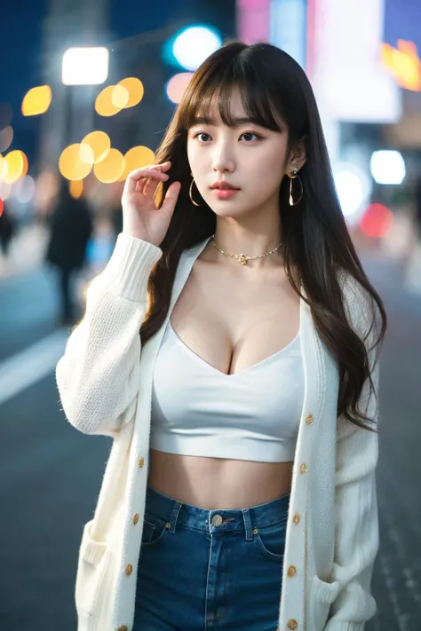 (masterpiece:1.35),(best-quality:1.4), 8k, ultra-detailed, photography, (ultra-realistic:1.4), film grain, portrait photo of 22 years old J-pop girl in white cardigan, (flowing long hair, run her hand through her hair), earrings, choker, cleavage, pale skin, (pout, thin lip), hard shadows, night street background, (instagram photo), starry_bokeh:1.2, <lora:petvzal85BokehLoHa_v1:0.36>