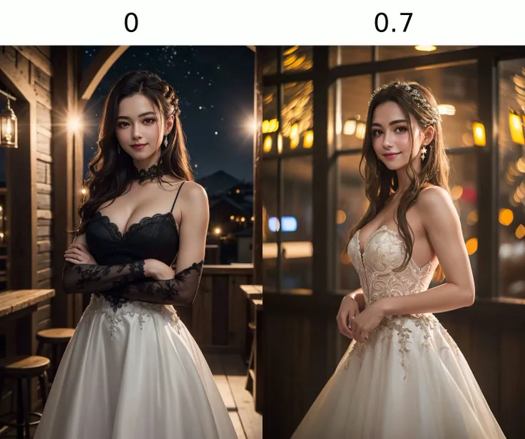 (8k, RAW photo, best quality, masterpiece), (realistic, photo-realistic), ultra-detailed, a girl standing in tavern, long hair, night, tavern, indoor, city lights, flare spot, looking at viewer, cowboy shot, black wedding dress, upper body, posing, closed-up, smile, starry background, <lyco:hinaBokehLoHa:0>