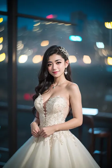 (8k, RAW photo, best quality, masterpiece), (realistic, photo-realistic), ultra-detailed, a girl standing in tavern, long hair, night, tavern, indoor, city lights, flare spot, looking at viewer, cowboy shot, black wedding dress, upper body, posing, closed-up, smile, starry_bokeh:1.35, petzval85bokeh <lyco:hinaBokehLoHa:0.7>