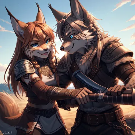 <lora:v1k1ng:1> v1k1ng, furs, leather armor, braids,
(anthro female lynx) and (anthro male wolf) fighting (with weapons:1.2), friendly fight, smiling, blue eyes,
evening, summer cinematic light, vivid colors,
(masterpiece:1.2), (highly detailed:1.2), (intricate:1.2), (best quality:1.2),(8k:1.2),
cinematic light, vivid colors