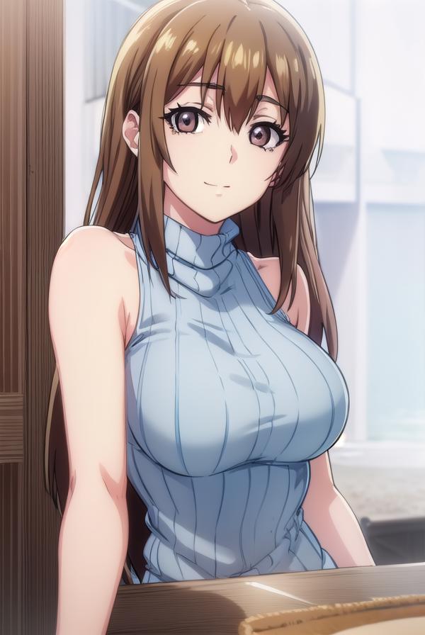 A woman in a blue dress is sitting at a table - SeaArt AI