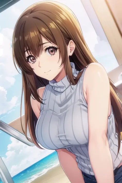 nanakakotegawa, <lora:nanaka kotegawa s1-lora-nochekaiser:1>,
nanaka kotegawa, long hair, brown hair, (brown eyes:1.5), smile,
BREAK bare shoulders, sleeveless, sweater, turtleneck, ribbed sweater, sleeveless turtleneck,
BREAK outdoors, beach,
BREAK looking at viewer, (cowboy shot:1.5),
BREAK <lyco:GoodHands-beta2:1>, (masterpiece:1.2), best quality, high resolution, unity 8k wallpaper, (illustration:0.8), (beautiful detailed eyes:1.6), extremely detailed face, perfect lighting, extremely detailed CG, (perfect hands, perfect anatomy),