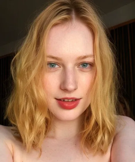 beautiful face , blonde woman , pale skin, analog style , instagram photo , in a black lake , selfie , RAW , real life photo , medium tits ,