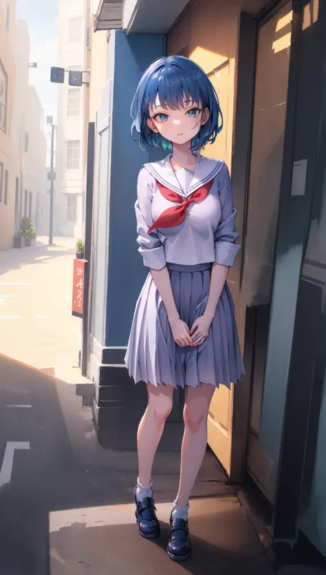 ((((ultra illustrated style:1.0)))),best quality,best animated,masterpiece,ray tracing, global illumination,serafuku,1girl, solo,outdoor, blue hair, full body, standing, looking at viewer, <lora:Kiritani Haruka_02:0.7>
