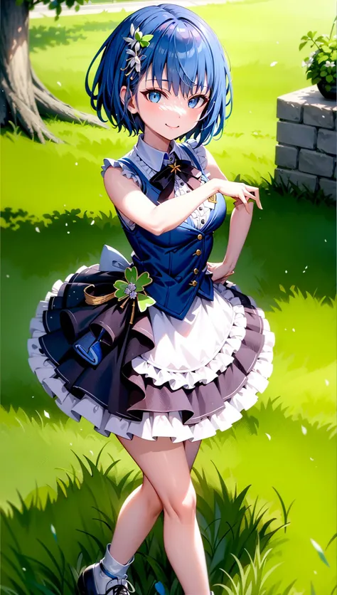 ((((ultra illustrated style:1.0)))),best quality,best animated,masterpiece,ray tracing, global illumination,idol clothes,1girl, solo,outdoor, skirt, blue hair, short hair, smile, full body, bow, blue eyes, sleeveless, frilled skirt, idol, looking at viewer, shirt, hair bow, white footwear, frills, shoes, vest, layered skirt, standing, hair ornament,clover <lora:Kiritani Haruka_01:0.8>