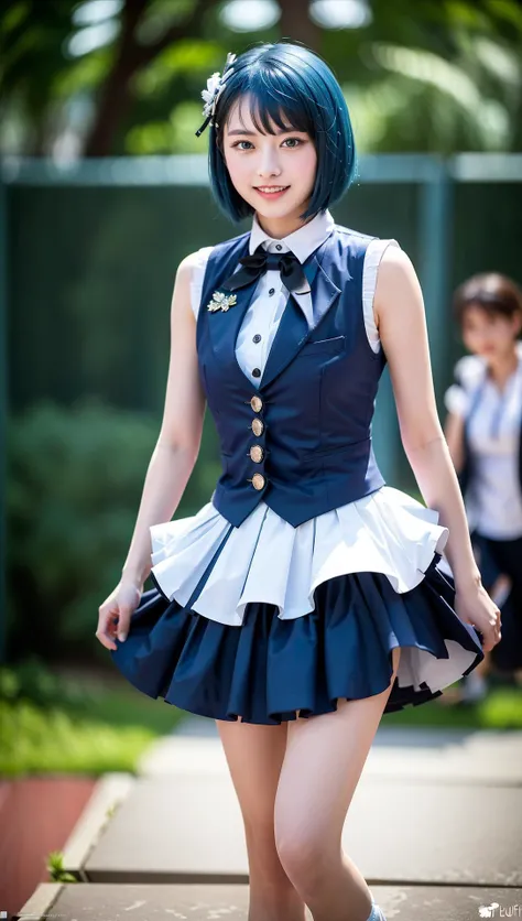 (8k, RAW photo, best quality, masterpiece:1.2), (realistic, photo-realistic:1.37), ultra highres, depth of field, chromatic aberration, caustics, Broad lighting, natural shading,Fujifilm XT3,masterpiece,ultra detailed,idol clothes,1girl, solo,outdoor, skirt, blue hair, short hair, smile, full body, bow, blue eyes, sleeveless, frilled skirt, idol, looking at viewer, shirt, hair bow, white footwear, frills, shoes, vest, layered skirt, standing, hair ornament, <lora:Kiritani Haruka_01:0.8>