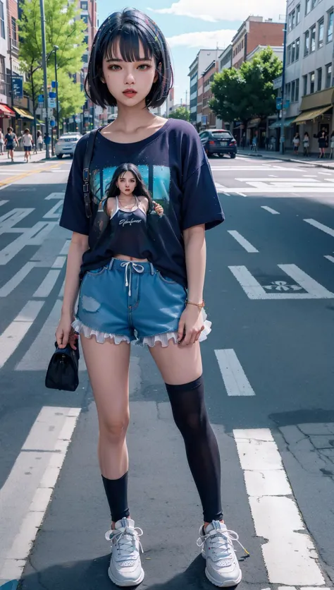 (8k, RAW photo, best quality, masterpiece:1.2), (realistic, photo-realistic:1.37), ultra highres, depth of field, chromatic aberration, caustics, Broad lighting, natural shading,Fujifilm XT3,masterpiece,ultra detailed,face,1girl, solo,full body,t-shirt,short shorts,zettai ryouiki,sneakers,surprised,city,crosswalk,looking at viewer, standing,<lora:Kiritani Haruka_02:0.8>