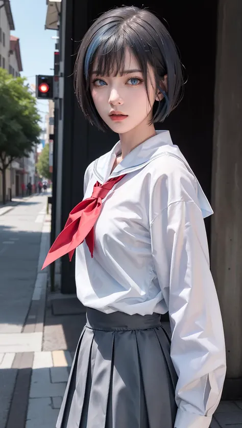 (8k, RAW photo, best quality, masterpiece:1.2), (realistic, photo-realistic:1.37), ultra highres, depth of field, chromatic aberration, caustics, Broad lighting, natural shading,Fujifilm XT3,masterpiece,ultra detailed,serafuku,1girl, solo, blue hair, school uniform, blue eyes, skirt, short hair, grey skirt, red neckerchief, neckerchief, pleated skirt, sailor collar, grey shirt, long sleeves, white sailor collar, shirt, bangs, cowboy shot, looking at viewer, <lora:Kiritani Haruka_01:0.7>
