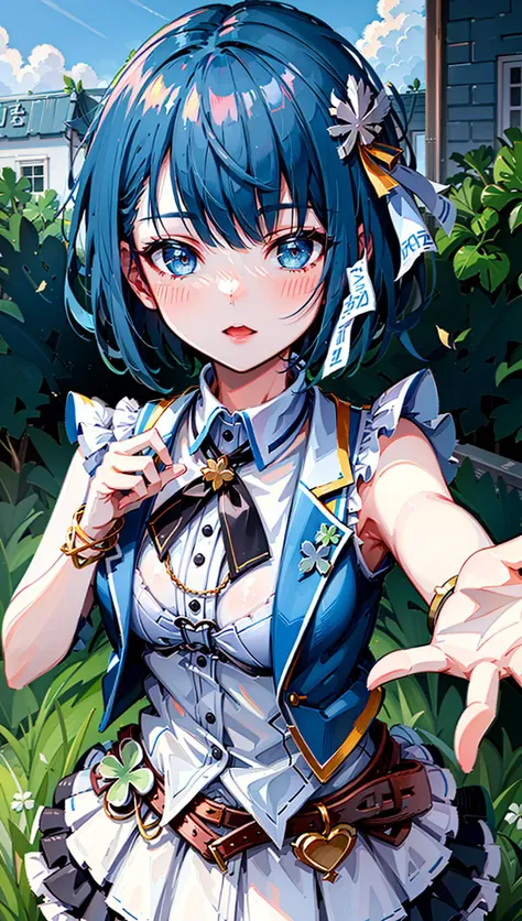 ((((ultra illustrated style:1.0)))),best quality,best animated,masterpiece,ray tracing, global illumination,idol clothes,1girl, solo, outdoors,portrait,standing, looking at viewer, clover, <lora:Kiritani Haruka_01:0.8>