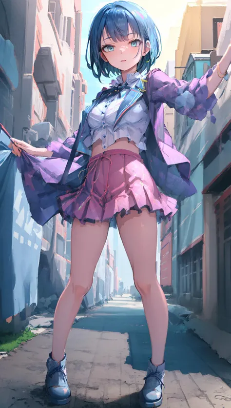 ((((ultra illustrated style:1.0)))),best quality,best animated,masterpiece,ray tracing, global illumination,Kiritani Haruka,1girl, solo, outdoors,full body,standing, looking at viewer,blue hair, <lora:Kiritani Haruka_02:1>