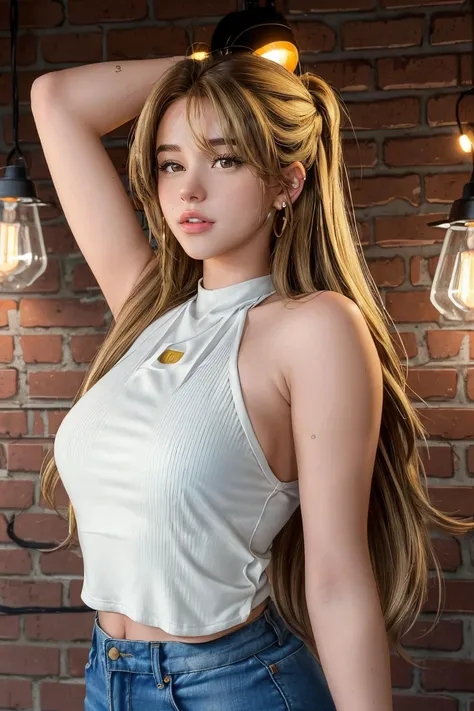 lea elui wearing sleeveless halterneck, long hair, brown hair, blonde hair, multi-tone hair,
earrings,
upper body, brick wall background, hanging lights above head,
<lora:LeaElui(V1):0.8>