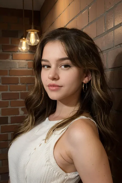 lea elui wearing sleeveless halterneck, long wavy hair, brown hair, blonde hair, multi-tone hair, 
earrings, 
close-up, headshot, portrait, brick wall background, hanging lights above head, 
 <lora:LeaElui(V1):0.7>