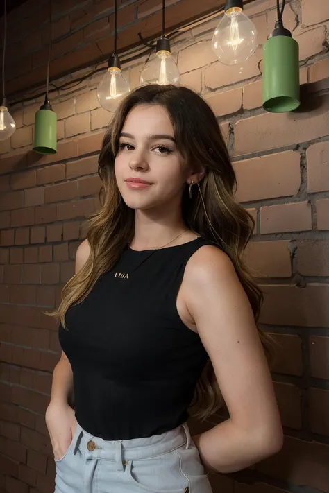 lea elui wearing sleeveless halterneck, long wavy hair, brown hair, blonde hair, multi-tone hair,
earrings,
upper body, brick wall background, hanging lights above head,
<lora:LeaElui(V1):0.7>