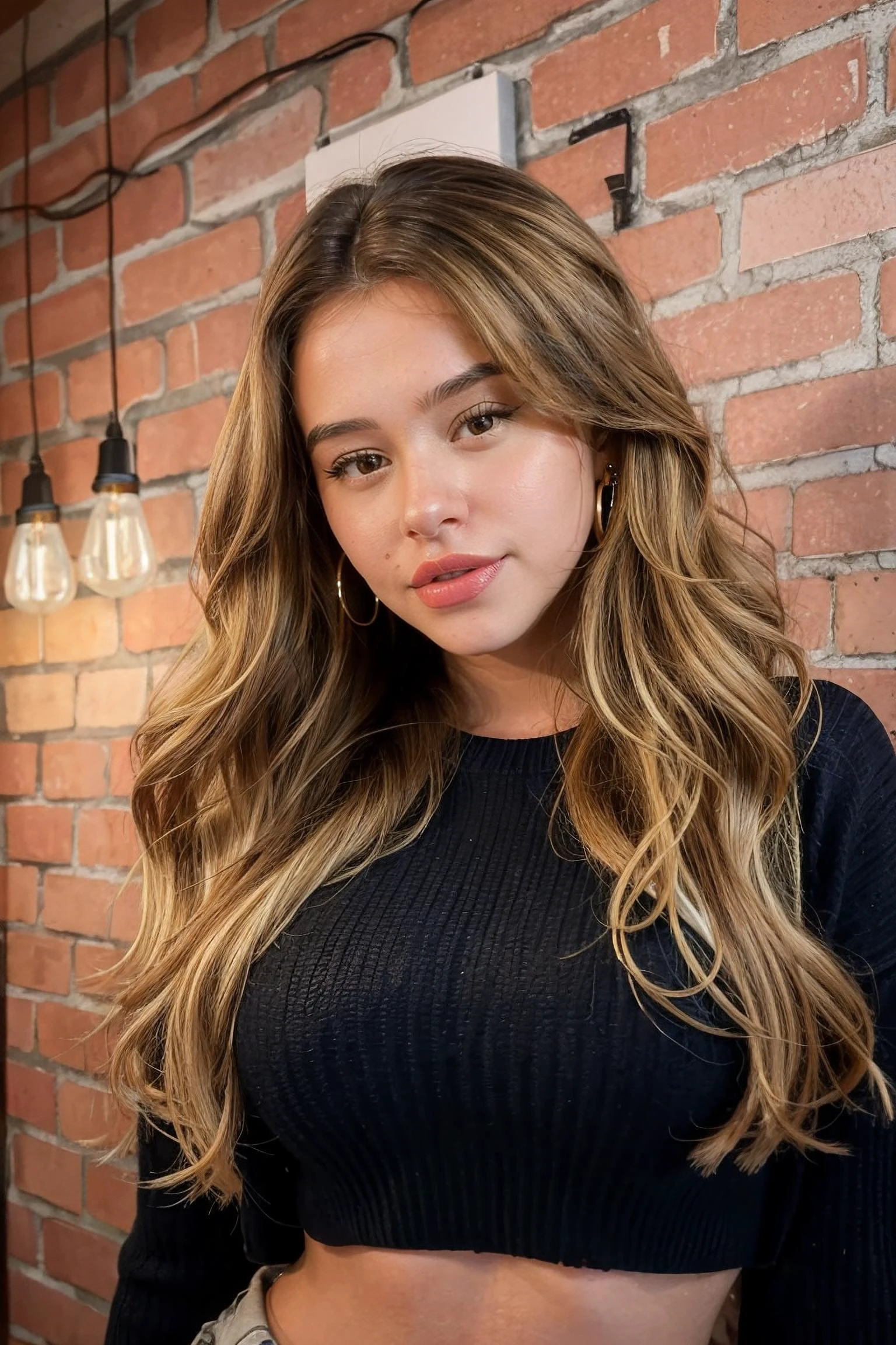 lea elui wearing crop top sweater, long wavy hair, brown hair, blonde hair, multi-tone hair,
earrings,
close-up, headshot, portrait, brick wall background, hanging lights above head,
<lora:LeaElui(V1):0.7>
