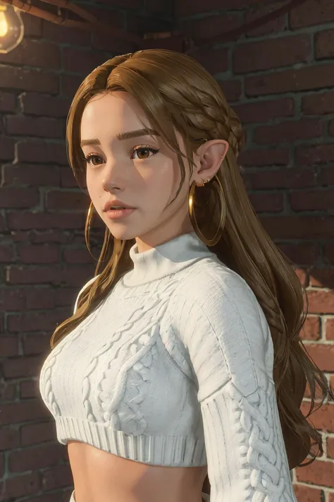 lea elui wearing crop top sweater, long wavy hair, brown hair, blonde hair, multi-tone hair,
earrings,
close-up, headshot, portrait, brick wall background, hanging lights above head, CGI, 3d,
<lora:LeaElui(V1):0.7>, <lora:botw_style_offset:0.5> botw style