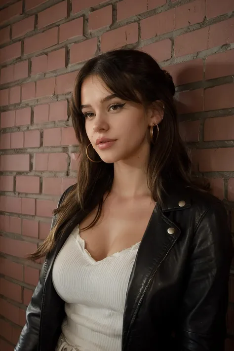 lea elui, wearing leather jacket with camisole, long hair, brown hair,
long earrings, eyeliner, eyelashes, lipgloss,
upper body, pink brick wall, lights on the wall, facing viewer,
<lora:LeaElui(V1):0.8>