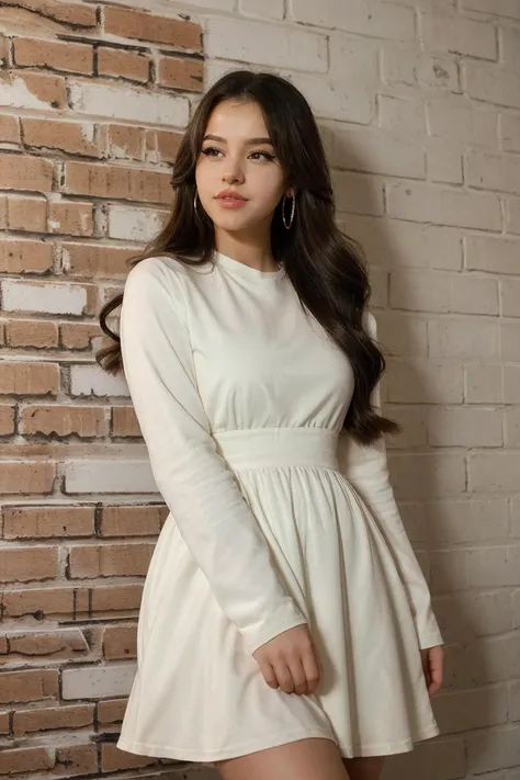 lea elui wearing long sleeve dress, long hair, brown hair,
long earrings, eyeliner, eyelashes,
upper body, white brick wall, lights on the wall,
<lora:LeaElui(V1):0.8>