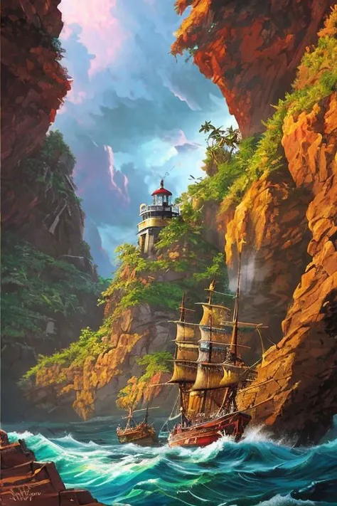 A pirate ship sailing on a stormy sea with a treasure map in hand, surrounded by jagged rocks and a lighthouse on a nearby island, in the Style of Artgerm and Charlie Bowater and Atey Ghailan and Mike Mignola, vibrant colors and hard shadows and strong rim light, Comic Cover Art, plain background, trending on artstation,  without blur, intensely real, hyper-detailed, intricately detailed, triadic colors