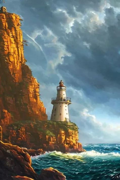 A pirate ship sailing on a stormy sea with a treasure map in hand, surrounded by jagged rocks and a lighthouse on a nearby island, in the Style of Artgerm and Charlie Bowater and Atey Ghailan and Mike Mignola, vibrant colors and hard shadows and strong rim light, Comic Cover Art, plain background, trending on artstation,  without blur, intensely real, hyper-detailed, intricately detailed, triadic colors