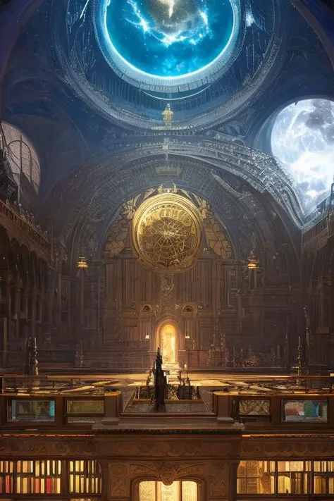 Staring up into the infinite celestial library, endless books, flying books, starry, sublime, cinematic lighting, mc escher, dark souls, bloodborne, matte painting, extremely detailed, very very artistic, trending on artstation, art by greg rutkowski and alphonse mucha, art by hans zatzka, 8k