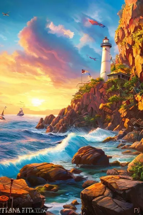 A pirate ship sailing on a stormy sea with a treasure map in hand, surrounded by jagged rocks and a lighthouse on a nearby island, in the Style of Artgerm and Charlie Bowater and Atey Ghailan and Mike Mignola, vibrant colors and hard shadows and strong rim light, Comic Cover Art, plain background, trending on artstation,  without blur, intensely real, hyper-detailed, intricately detailed, triadic colors