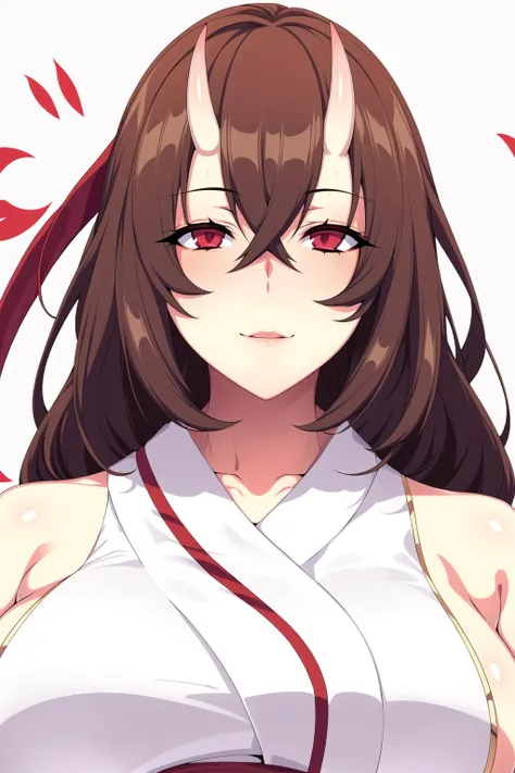 Simple White Background,
horns on her head,red and white outfit,japanese_clothes,bare_shoulders,detached_sleeves,
<lora:Kiryuuin_Kaede_Hitozukiai-KK77-V2:0.7>,
long_hair,bangs,brown_hair,red_eyes,
<lora:Mariana_Luciano_NON_VIRGIN-KK77-V1:0.3>,<lora:more_details:0.1>,
1 girl, 20yo,Young female,Beautiful Finger,Beautiful long legs,Beautiful body,Beautiful Nose,Beautiful character design, perfect eyes, perfect face,expressive eyes,perfect balance,
looking at viewer,(Focus on her face),closed mouth, (innocent_big_eyes:1.0),Light_Smile,
official art,extremely detailed CG unity 8k wallpaper, perfect lighting,Colorful, Bright_Front_face_Lighting,shiny skin,
(masterpiece:1.0),(best_quality:1.0), ultra high res,4K,ultra-detailed,
photography, 8K, HDR, highres, absurdres:1.2, Kodak portra 400, film grain, blurry background, bokeh:1.2, lens flare, (vibrant_color:1.2),professional photograph,
(Beautiful,large_Breasts:1.4), (beautiful_face:1.5),(narrow_waist),