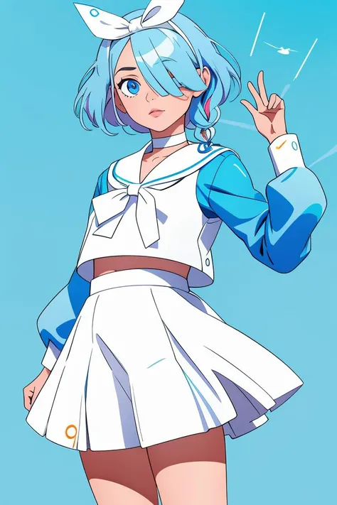 (masterpiece, best quality), 1girl,  <lora:arona_scarxzys:1> arona, blue hair, short hair, single braid, hair over one eye, blue eyes, halo,  school uniform, blue shirt, long sleeves, white hairband, white sailor collar, white bowtie, white choker, white skirt, white sneakers,