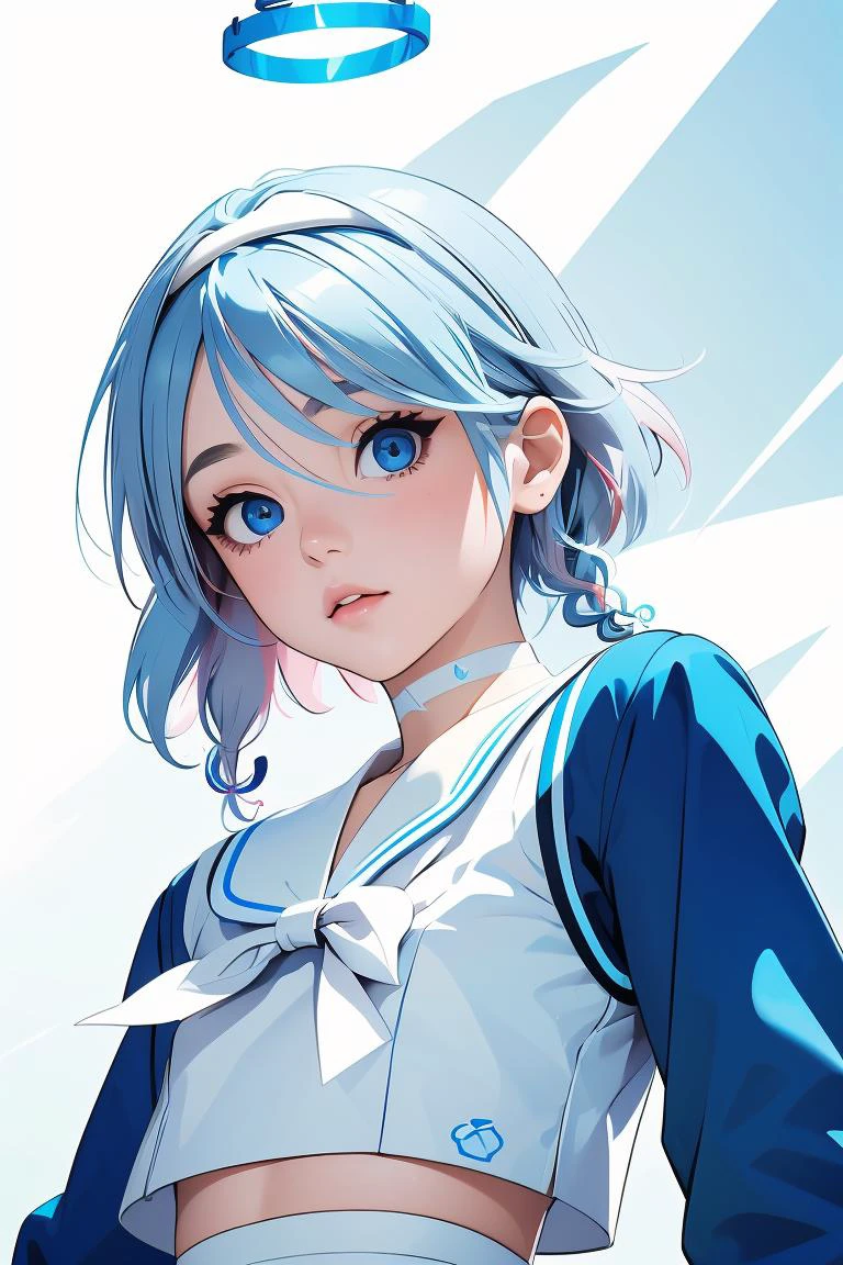 (masterpiece, best quality), 1girl, <lora:arona_scarxzys:1> arona, blue hair, short hair, single braid, hair over one eye, blue eyes, halo, school uniform, blue shirt, long sleeves, white hairband, white sailor collar, white bowtie, white choker, white skirt, white sneakers,