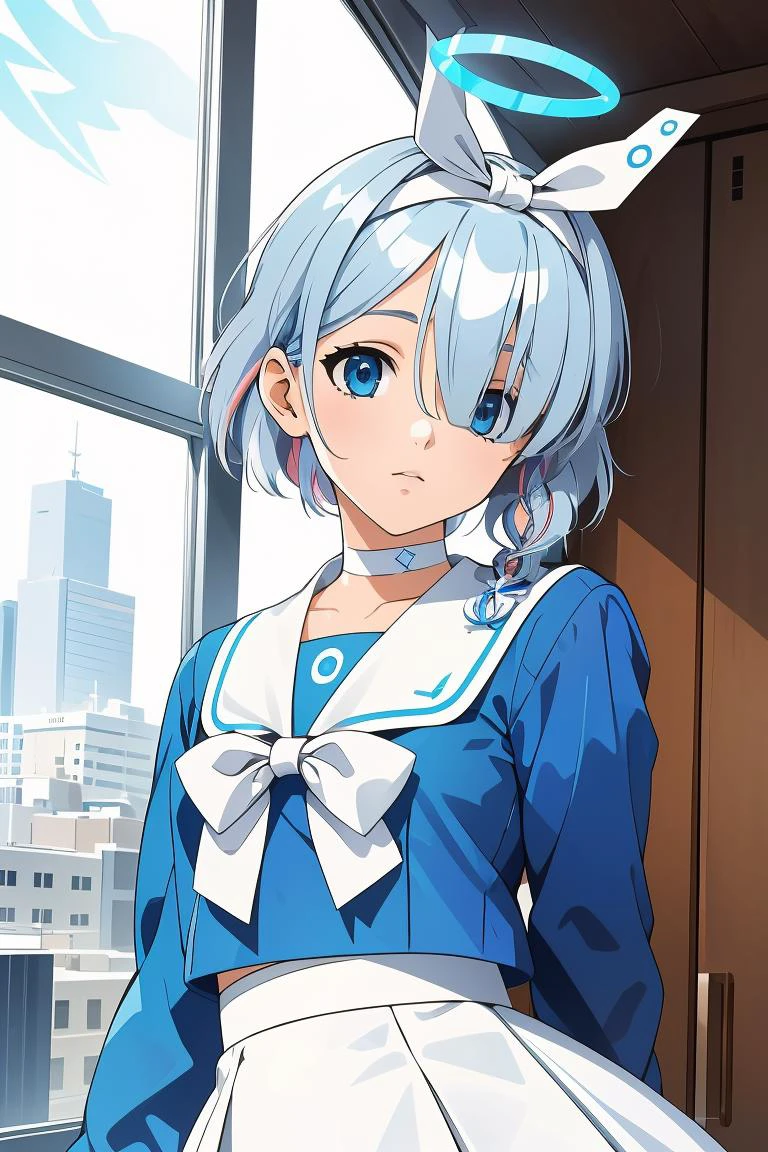 (masterpiece, best quality), 1girl, <lora:arona_scarxzys:1> arona, blue hair, short hair, single braid, hair over one eye, blue eyes, halo, school uniform, blue shirt, long sleeves, white hairband, white sailor collar, white bowtie, white choker, white skirt, white sneakers,