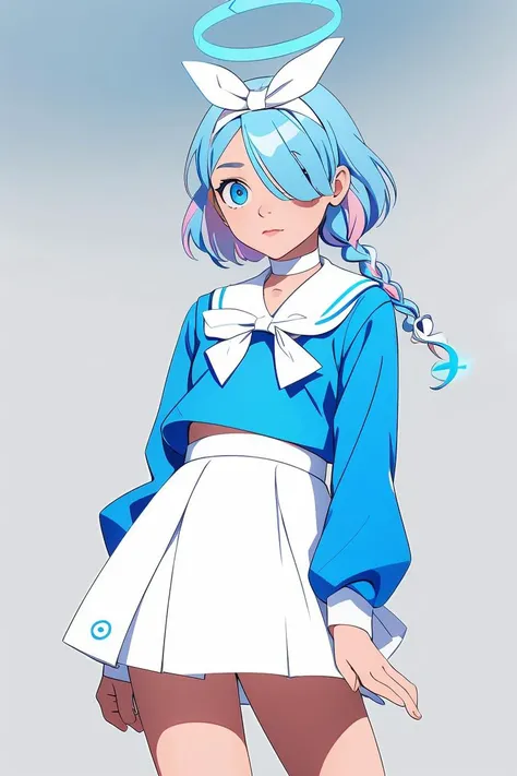 (masterpiece, best quality), 1girl,  <lora:arona_scarxzys:1> arona, blue hair, short hair, single braid, hair over one eye, blue eyes, halo,  school uniform, blue shirt, long sleeves, white hairband, white sailor collar, white bowtie, white choker, white skirt, white sneakers,