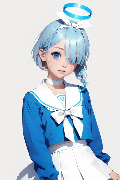 (masterpiece, best quality), 1girl,  <lora:arona_scarxzys:1> arona, blue hair, short hair, single braid, hair over one eye, blue eyes, halo,  school uniform, blue shirt, long sleeves, white hairband, white sailor collar, white bowtie, white choker, white skirt, white sneakers,