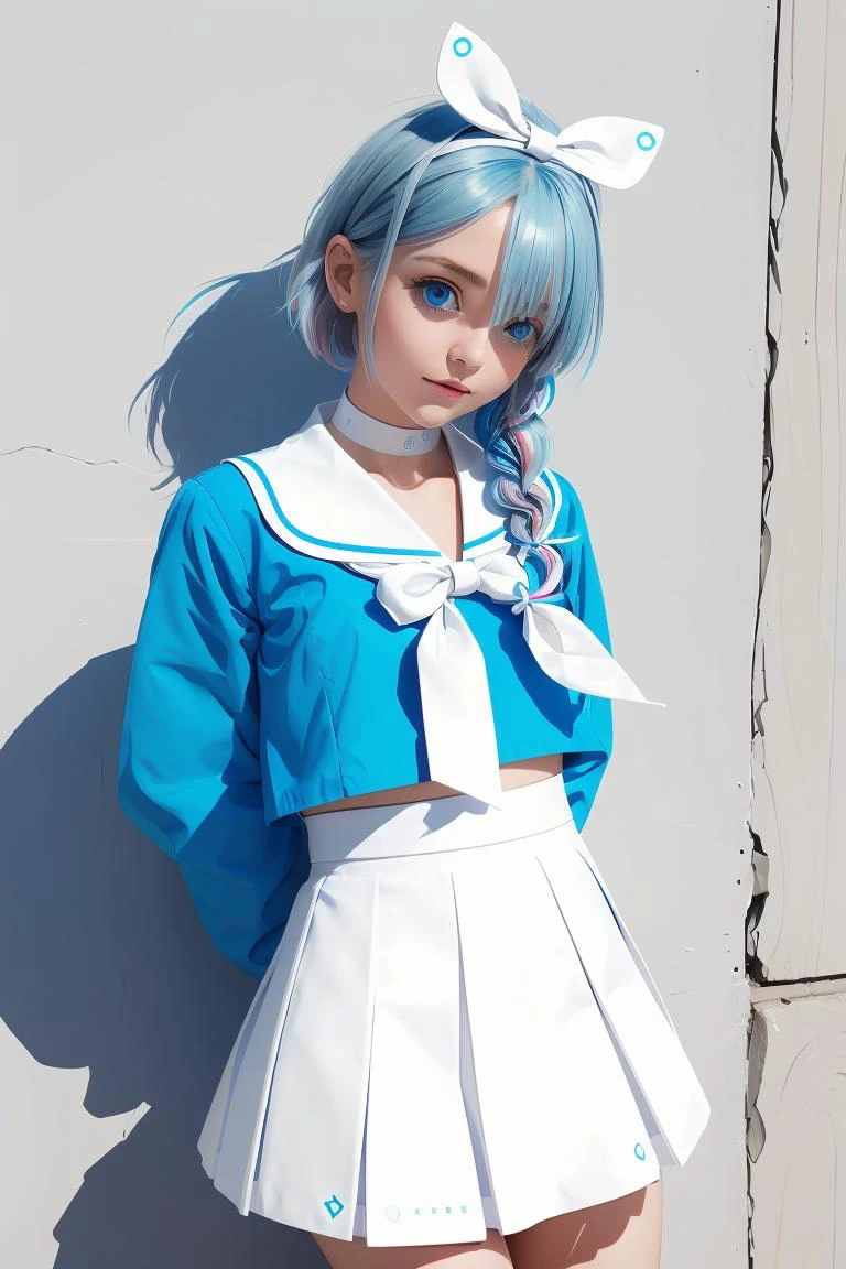 (masterpiece, best quality), 1girl, <lora:arona_scarxzys:1> arona, blue hair, short hair, single braid, hair over one eye, blue eyes, halo, school uniform, blue shirt, long sleeves, white hairband, white sailor collar, white bowtie, white choker, white skirt, white sneakers,