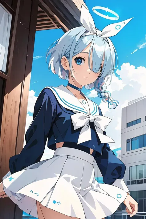 (masterpiece, best quality), 1girl,  <lora:arona_scarxzys:1> arona, blue hair, short hair, single braid, hair over one eye, blue eyes, halo,  school uniform, blue shirt, long sleeves, white hairband, white sailor collar, white bowtie, white choker, white skirt, white sneakers,