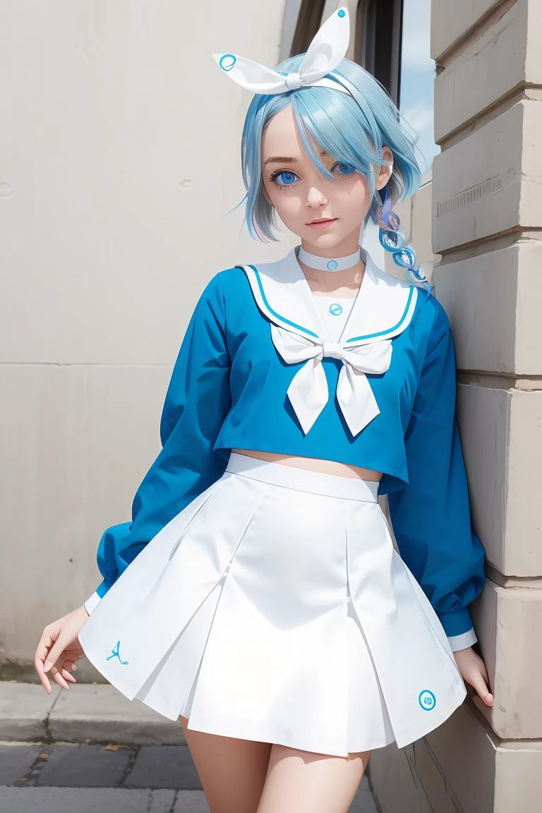 (masterpiece, best quality), 1girl, <lora:arona_scarxzys:1> arona, blue hair, short hair, single braid, hair over one eye, blue eyes, halo, school uniform, blue shirt, long sleeves, white hairband, white sailor collar, white bowtie, white choker, white skirt, white sneakers,