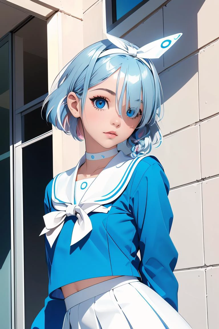 (masterpiece, best quality), 1girl, <lora:arona_scarxzys:1> arona, blue hair, short hair, single braid, hair over one eye, blue eyes, halo, school uniform, blue shirt, long sleeves, white hairband, white sailor collar, white bowtie, white choker, white skirt, white sneakers,