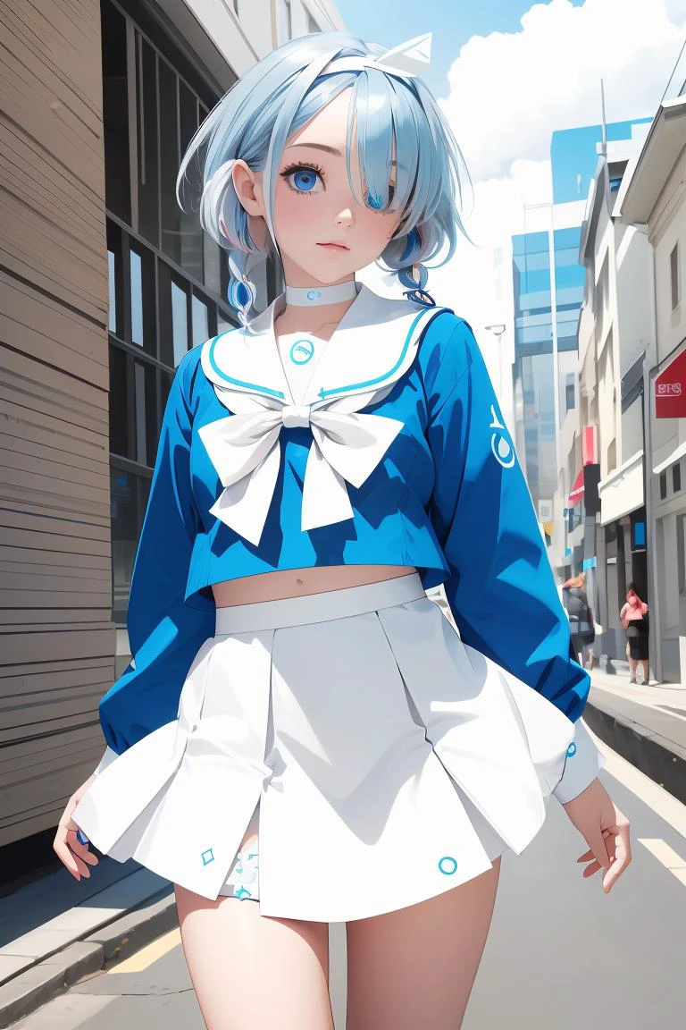 (masterpiece, best quality), 1girl, <lora:arona_scarxzys:1> arona, blue hair, short hair, single braid, hair over one eye, blue eyes, halo, school uniform, blue shirt, long sleeves, white hairband, white sailor collar, white bowtie, white choker, white skirt, white sneakers,
