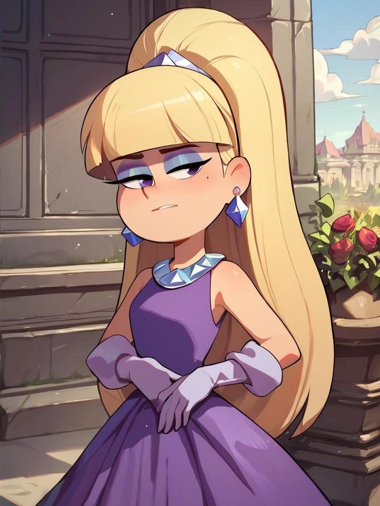 score_7_up, score_8_up, score_9, masterpiece, perfect face, perfect hands, high quality, <lora:pacifica:1> pacifica, blonde hair, blunt bangs, ponytail,() eyeshadow, gloves, jewelry, earrings, dress, long hair, purple dress, bangs, purple gloves,