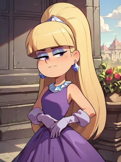 score_7_up, score_8_up, score_9, masterpiece, perfect face, perfect hands, high quality,  <lora:pacifica:1> pacifica, blonde hair, blunt bangs, ponytail,() eyeshadow, gloves, jewelry, earrings, dress, long hair, purple dress, bangs, purple gloves,