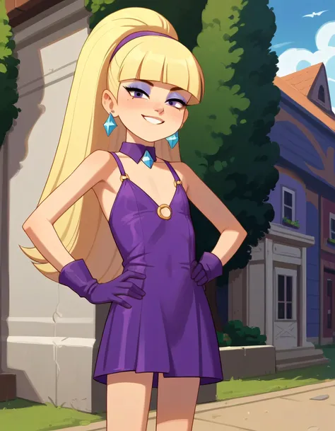 score_9, score_8_up, score_7_up, rating_sensitive, uncensored, source_hentai, source_anime, rating_explicit, (embedding:zPDXL:1), Perfect Hands BREAK pacifica, 1girl, solo, blonde hair, gloves, jewelry, earrings, dress, long hair, purple dress, bangs,purple gloves, blunt bangs, hand on hip, smile,looking at viewer, ponytail, makeup, style parody, eyeshadow, outdoors,