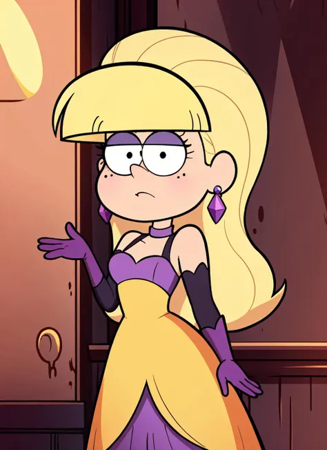 cartoon, in the style of gravity falls, pacifica, 1girl,solo,long hair, blonde hair, gloves, dress, jewelry, earrings, solo focus, elbow gloves, purple dress (masterpiece:1.2), (best quality) <lyco:PacificaV2:0.6> <lyco:Gravityfallsstyle_V1:0.5>