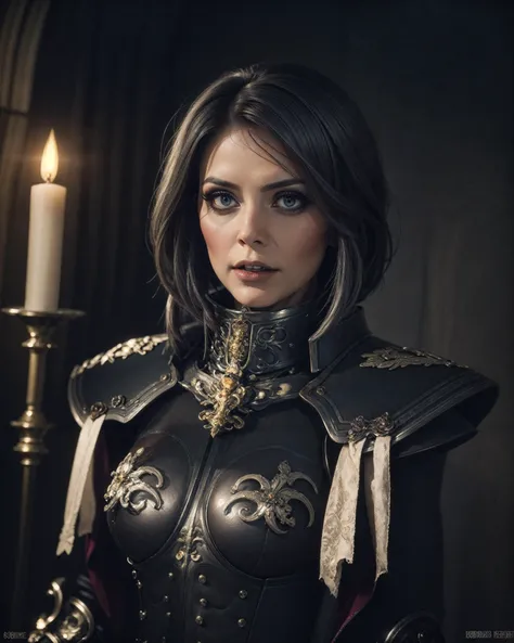 beautiful and aesthetic portrait of (SOB adepta sororitas:1.1) wearing full metal armor, plate armor, bobcut black hair, (dark eyeshadow:1.1), goth makeup, cute, sad, detailed realistic skin, realistic face, matte skin texture, skin imperfections, fleur de lis,
dark gothic background, inside cathedral, indoors, stained glass window, candlelight, (dim lighting:1.2), perfect anatomy, centered, approaching perfection, athletic female,
dark art (masterpiece:1.1), light particles, smoke, cinematic, depth of field, detailed, intricate, best quality, high quality, highres, absurdres, official art, dim lighting, soft lighting, photorealistic, upper body, medium shot, wide angle shot, Perfect Hands
<lora:SOB_Warhammer40k:0.7> <lora:epi_noiseoffset2:0.4> <lora:1.5_perfect hands:0.8>